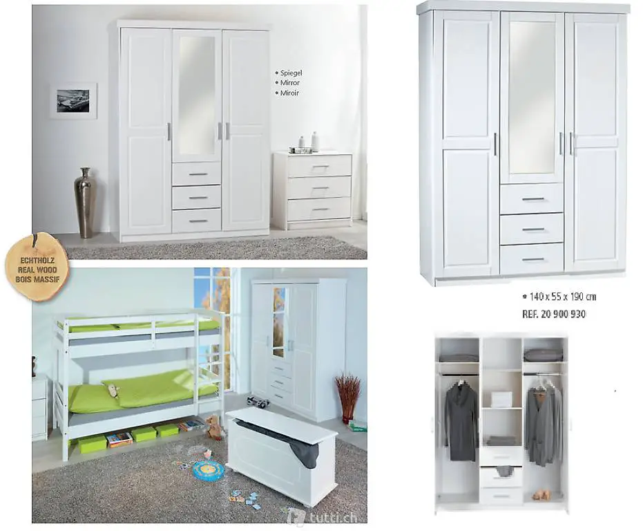  3 türiger Kleiderschrank mit Spiegel 3 Schubladen weiss