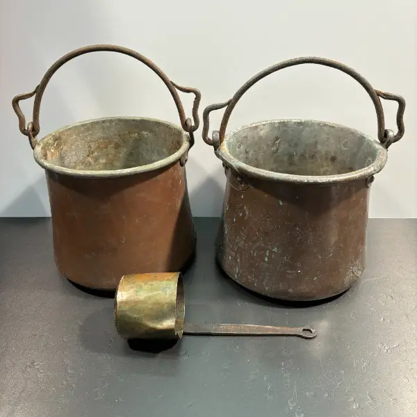 >3x alte kupferkessel kanne kübel gefäss blumentopf kanne