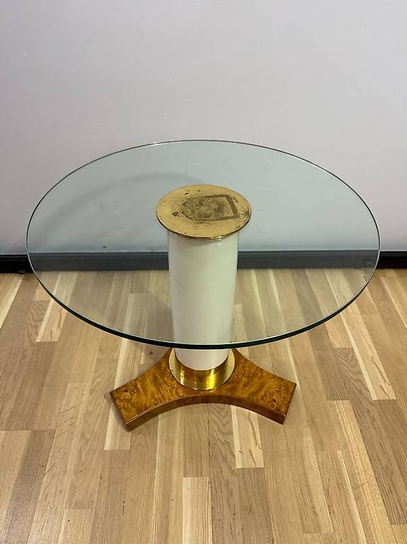 Vintage Beistelltisch mit Glasplatte, Wurzelholz und Messing