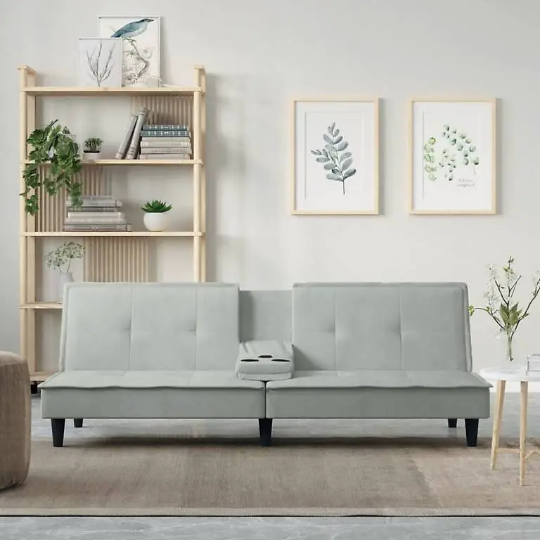 Schlafsofa mit Getränkehaltern Hellgrau Samt