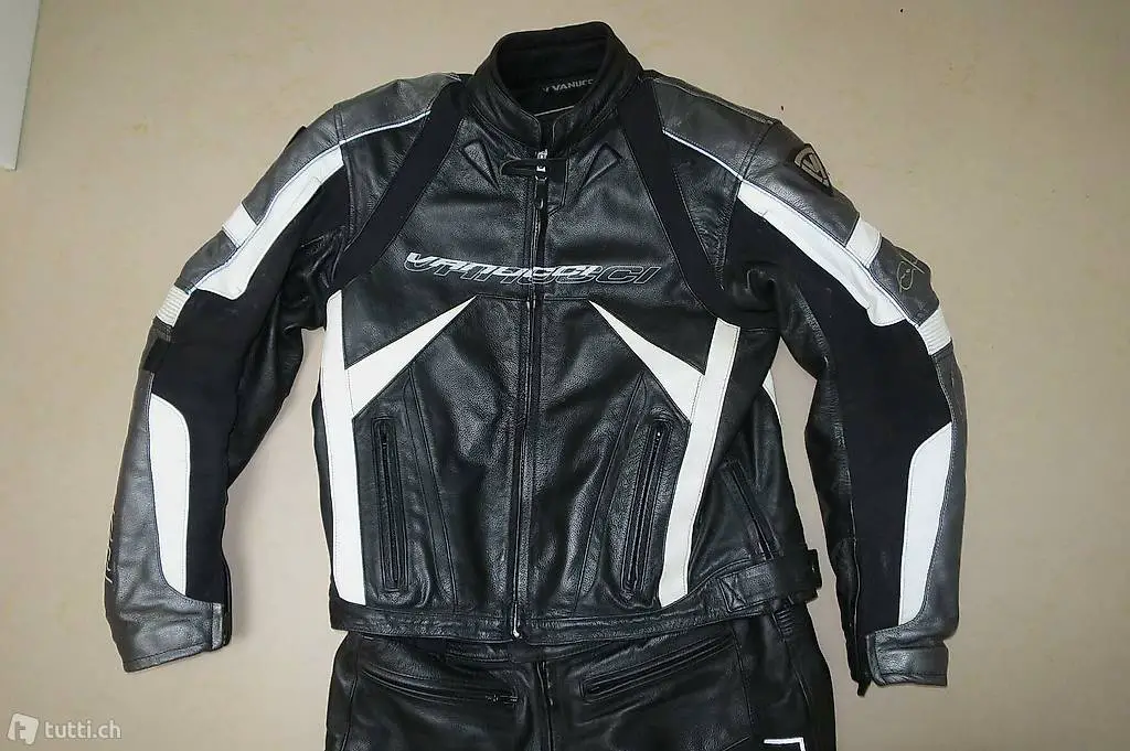 Zweiteiliges LEDERKOMBI / schwarz mit weiss in Gr. 50 (lang)