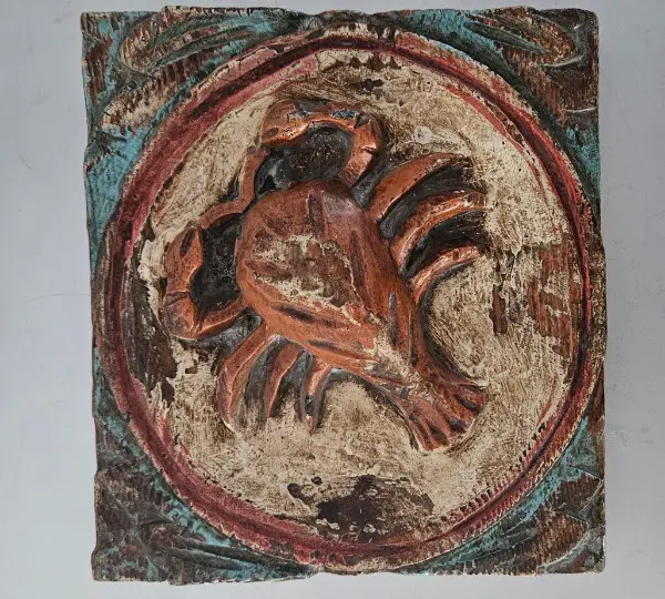 Antik Holz Relief Sternzeichen Krebs Hand Made
