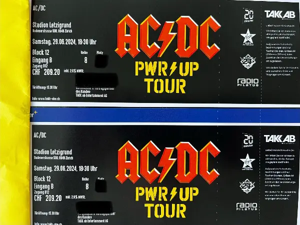 2 AC/DC Sitzplatz Tickets Sektor 12 für Konzert 29.06.24 ZH