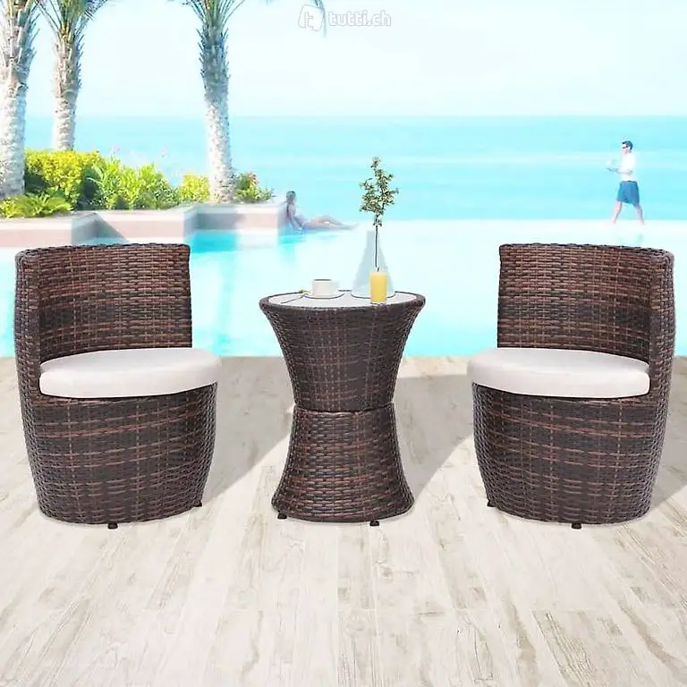  3-tlg. Bistro-Set mit Auflagen Poly Rattan Braun 111