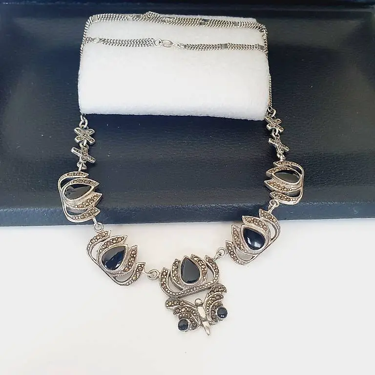 Silberkette 925 Onyx & Markasit, Kreuz Anhänger Vintage Boho