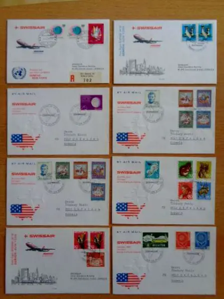 Swissair Briefmarkenumschläge Erstflüge New York (8 Stk.)