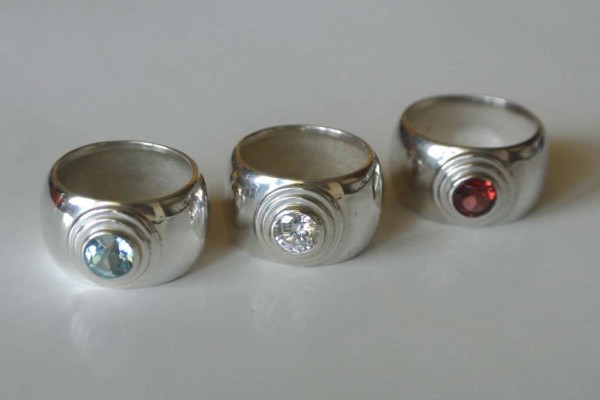 Bague Anneau Large Cercles Concentriques CZ, BT, GR, Argent