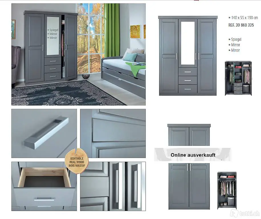  Kleiderschrank 3 Kassettentüren 3 Schubladen 1 Spiegel grau