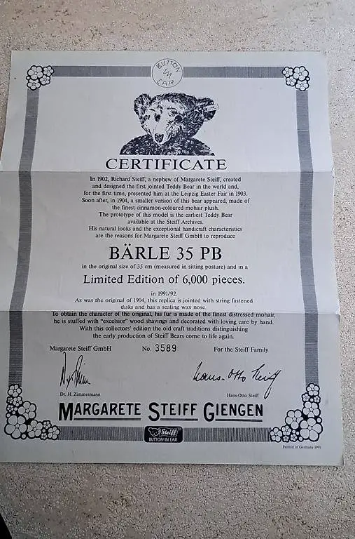 Steiff Teddybär Bär Bärle 35 PB 1904 Replika von 1991