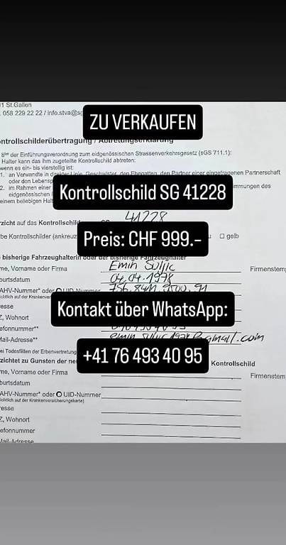 Kontrollschild SG 41228 für Auto