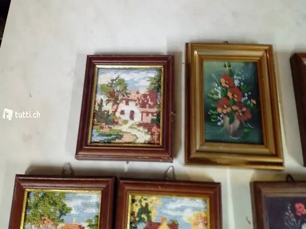 Ein Set mit 6 kleinen Bilder zum Teil Gobelin
