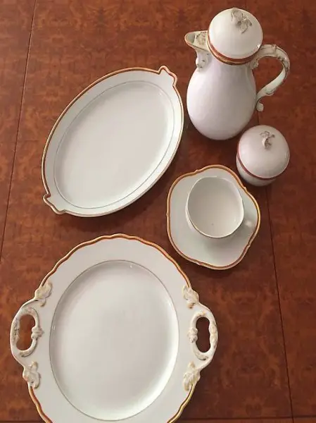 Tee Set Meissen Porzelan Coral rot 1910 goldrand 7-tlg.