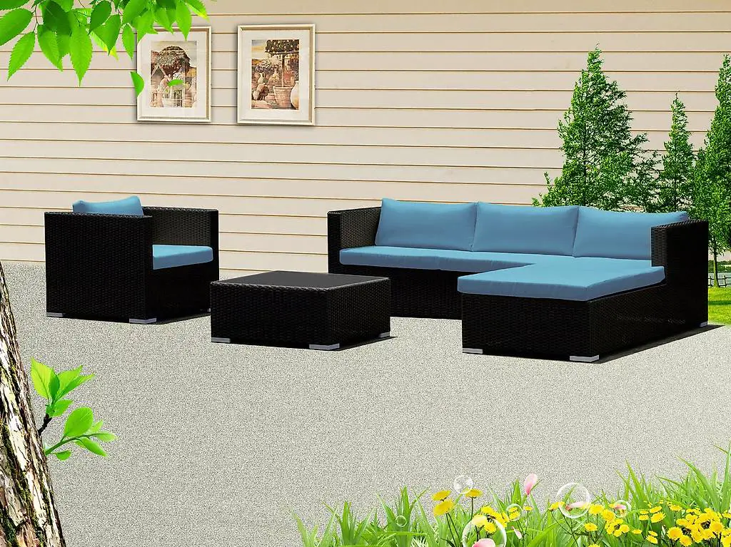 Salon de jardin avec coussins bleu ciel