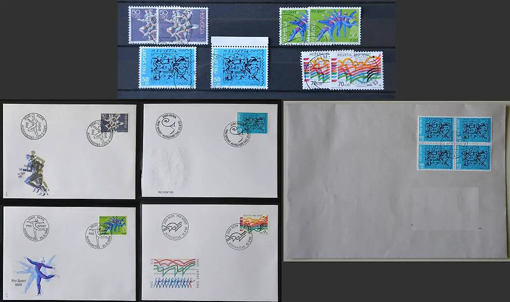 4 Pro Sport Marken, 4 FDC und 1 Viererblock 1992 gestempelt