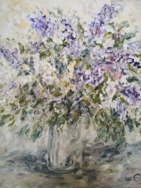 Blumenbild Fliederstrauss in Glasvase, impressionistisch
