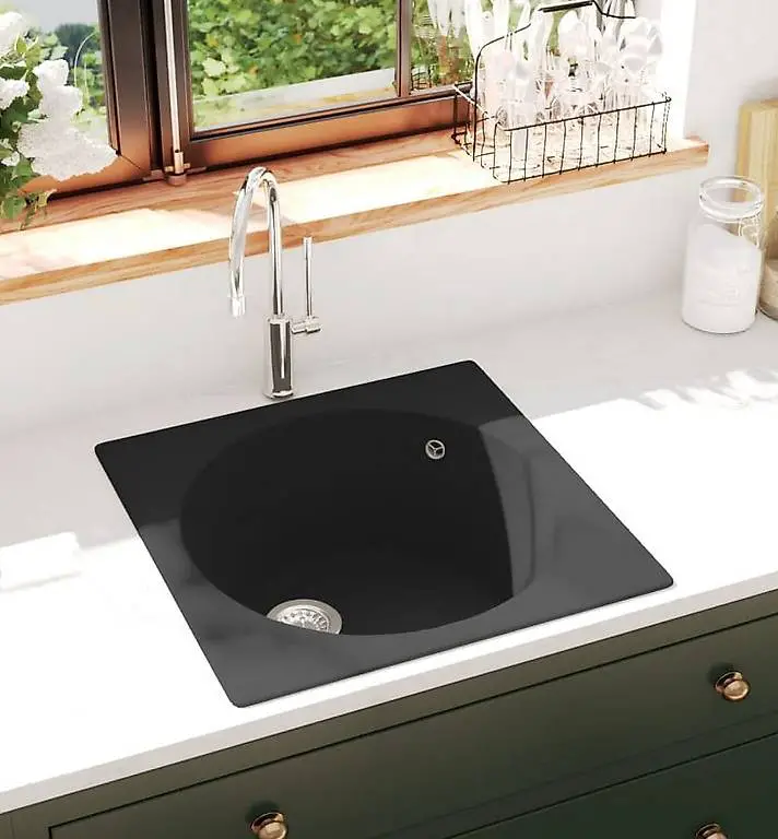 Küchenspüle mit Überlauf Schwarz Granit