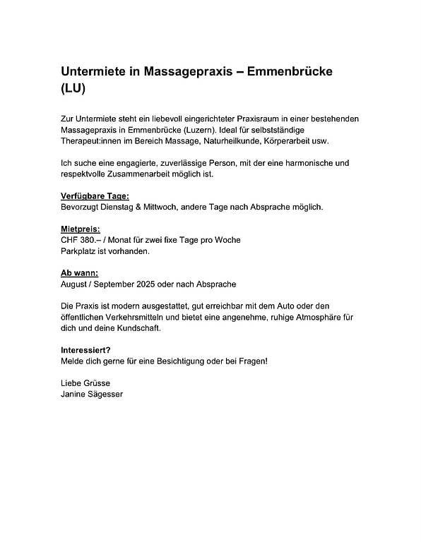 Untermiete Massagepraxis