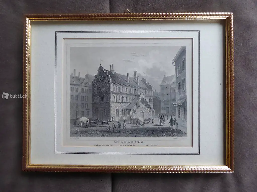 Stahlstich Bild Rathaus Mühlhausen Holzrahmen mit Glas antik