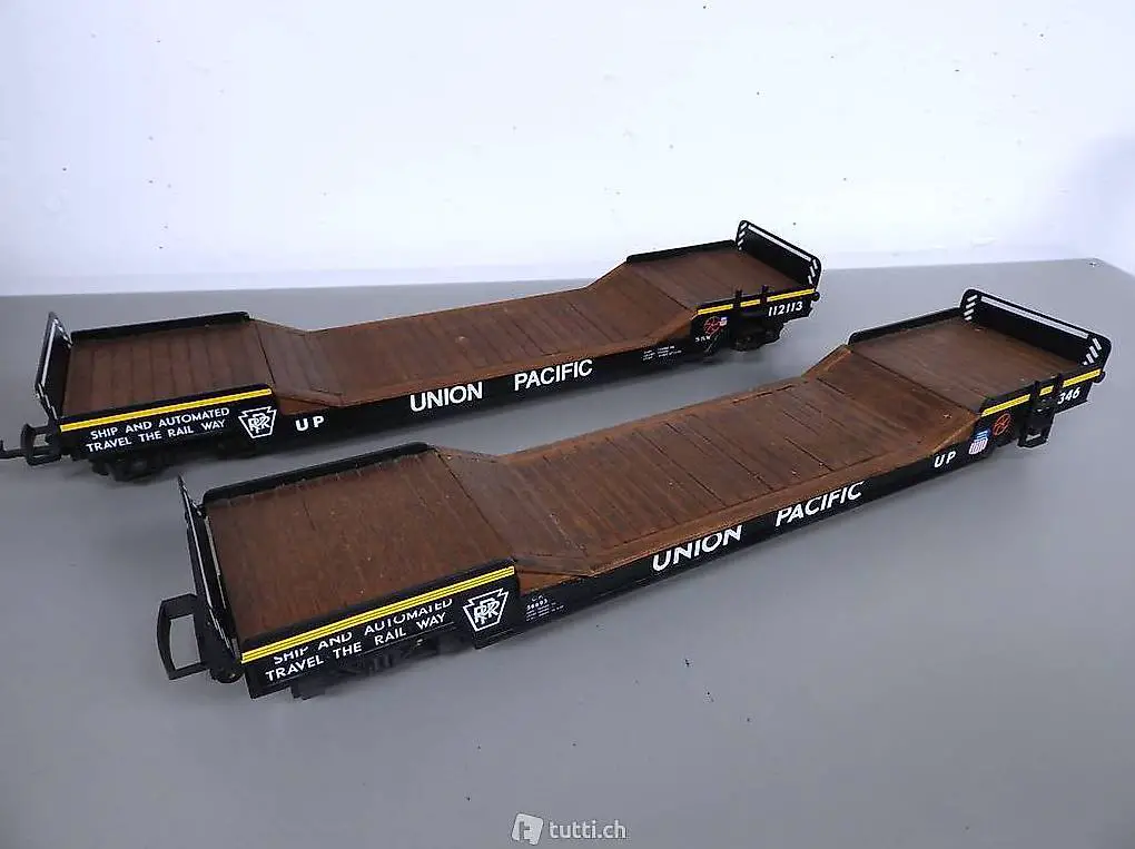 2 Stk. SpurG Messing Tiefladewagen UNION PACIFIC LGB. Spur G