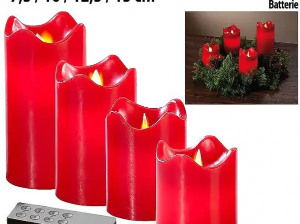  4 Echtwachskerzen mit beweglicher LED-Flamme, abgestuft, rot