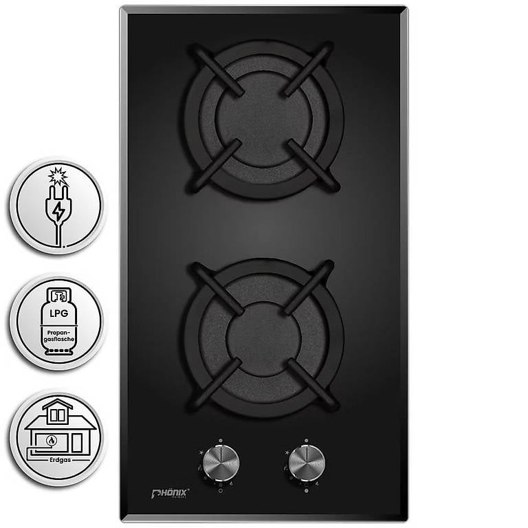 Domino Gaskochfeld Glas Kochfeld Gaskocher 2 flammig Autark