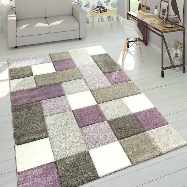  Teppich Karo Pastell Lilla Grau NEU