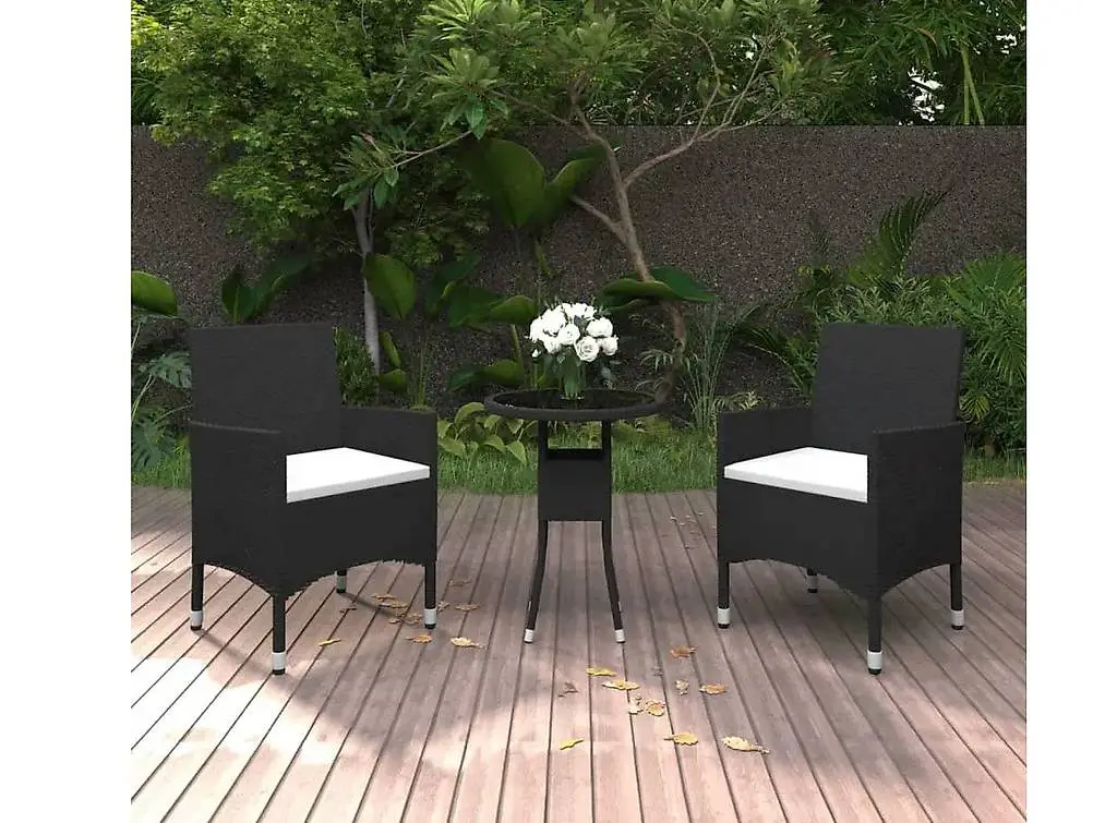 Bistro-Set Poly-Rattan und Hartglas Schwarz