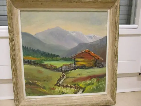 Öl-Bild Gemälde Flims Cresta-See Holz Chalet Chic Vintage
