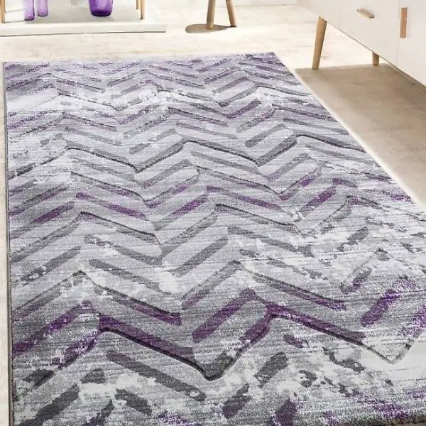  moderner Teppich Grau Lila Zick-Zack Muster NEU