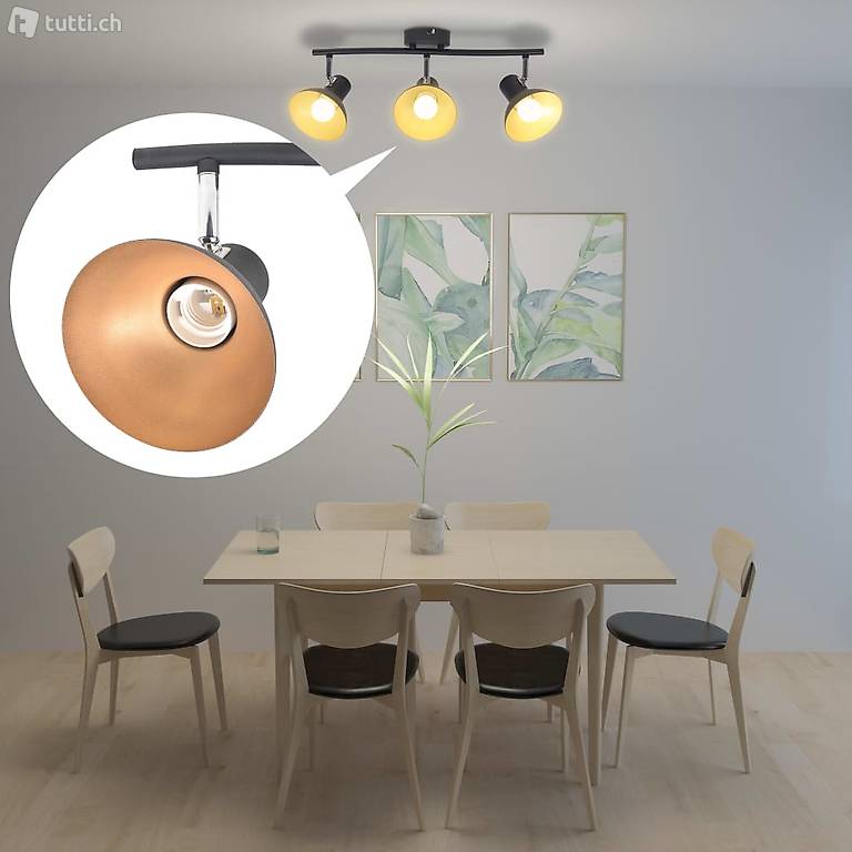  Deckenlampe für 3 Glühbirnen E27 Schwarz und Gold 412