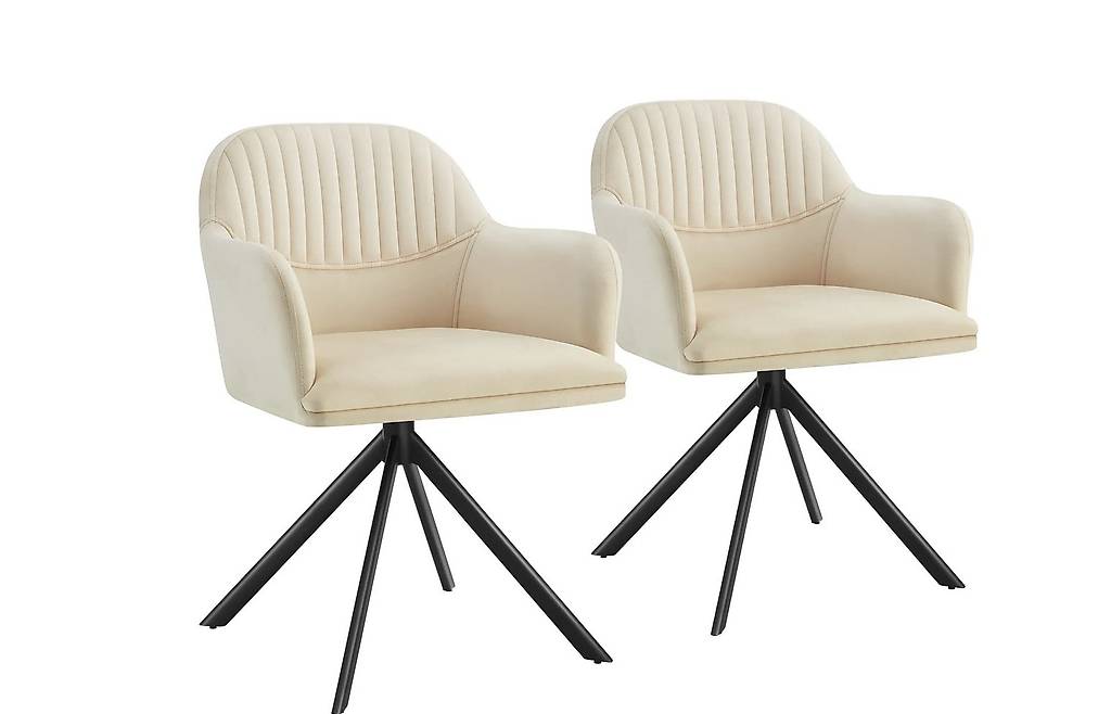 Samt-Drehstuhl crème/schwarz 2er Set gepolstert, mit d