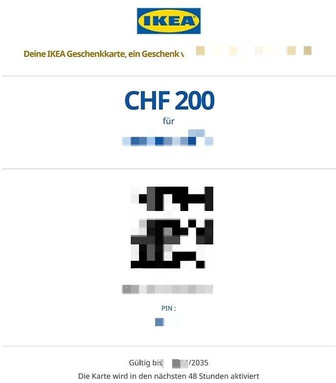 IKEA Geschenkkarte im Wert von 250 Franken