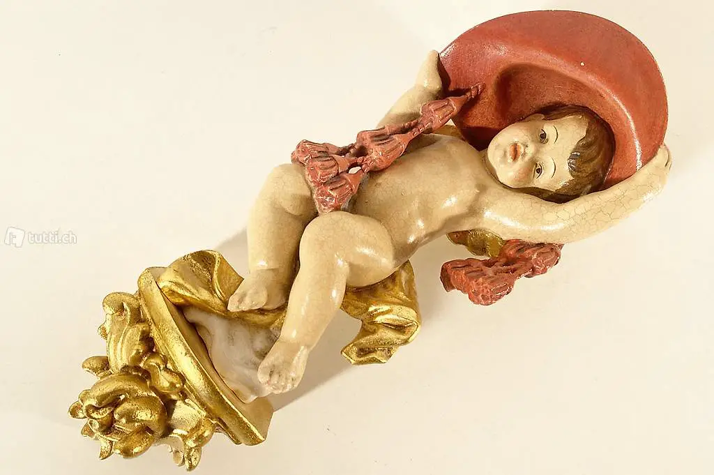  Schöner Holz Engel Putte mit rotem Kardinals Hut