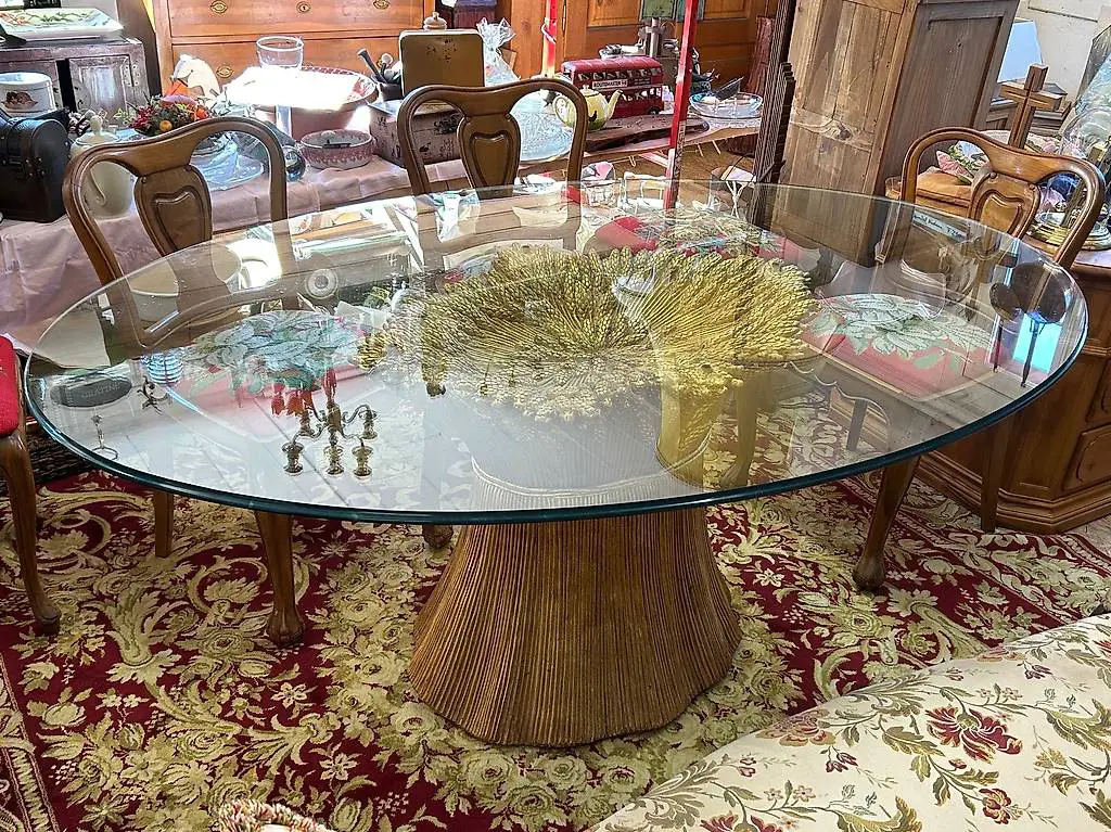 Ähren Tisch mit Glasplatte oval 180x 120, H: 74 cm, goldfarb