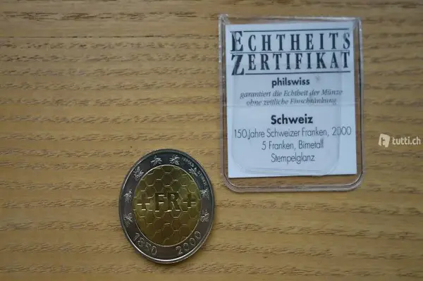 Gedenkmünze 5 Fr. 2000 150 Jahre Schweiz.Franken (Zertifik.)