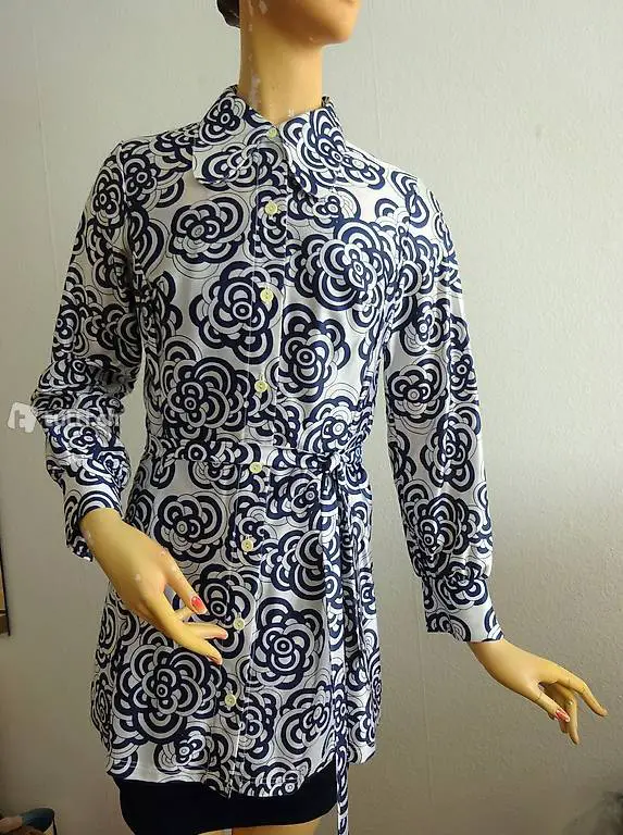 Vintage 60er Blusen Hemdkleid weiss/marine, Gr. 40