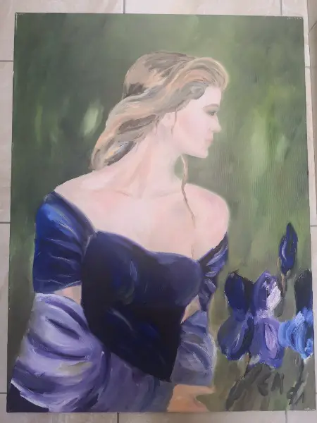 Dame in Blau mit Iris