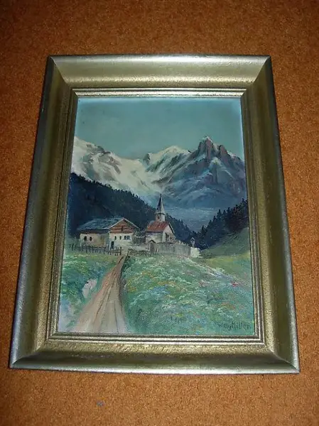  Ölbild Willy Müller Alphütte mit Kapelle vor Bergen
