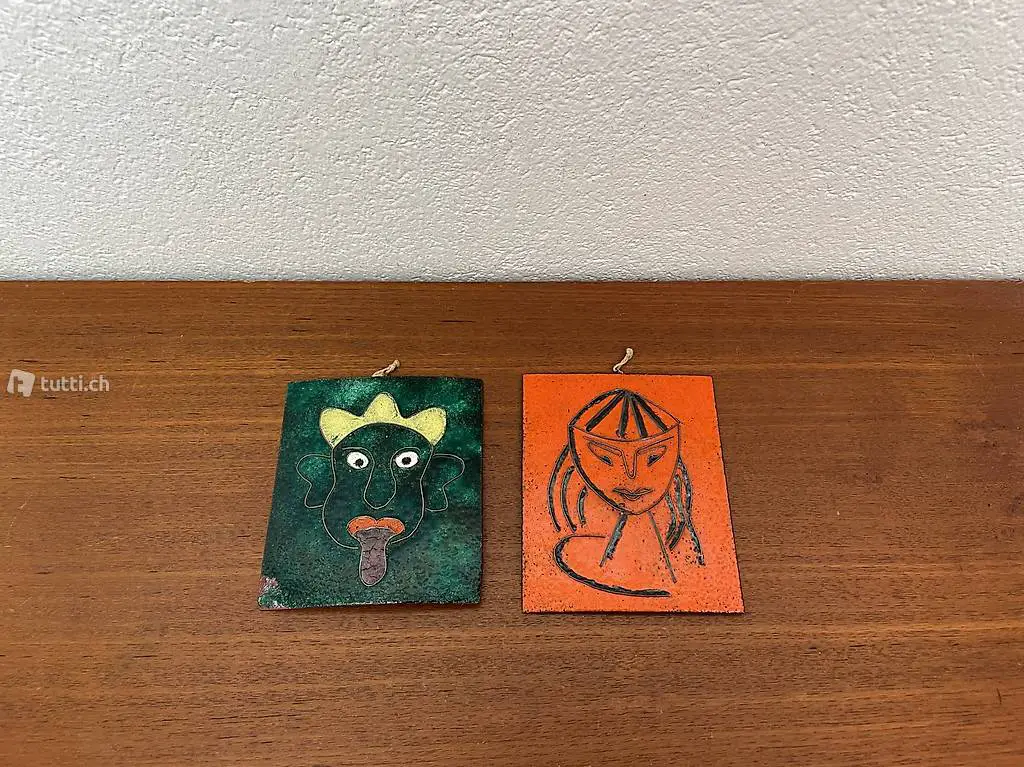 2x exotische kleine Emaille Malerei vintage Kunstwerk 50er