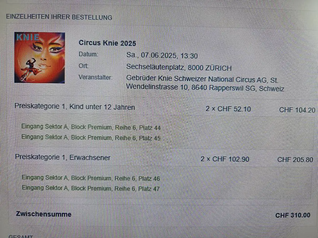 Tickets Zirkus Knie Zürich 7. Juni um 13:30 Uhr