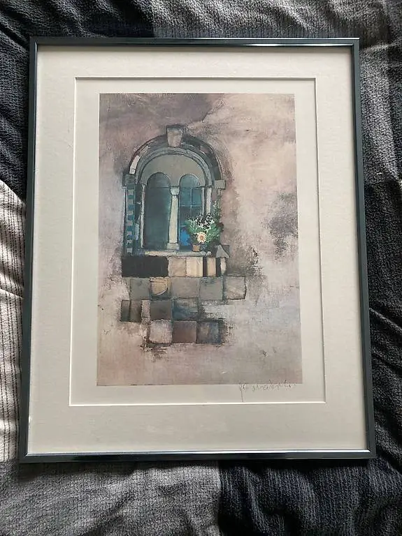 Kunstdruck Fenster mit Blumen silber