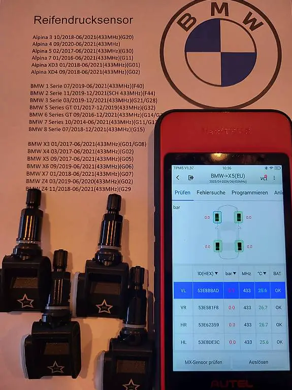 BMW 4 x neue Reifendrucksensoren schwarz vorprogrammiert