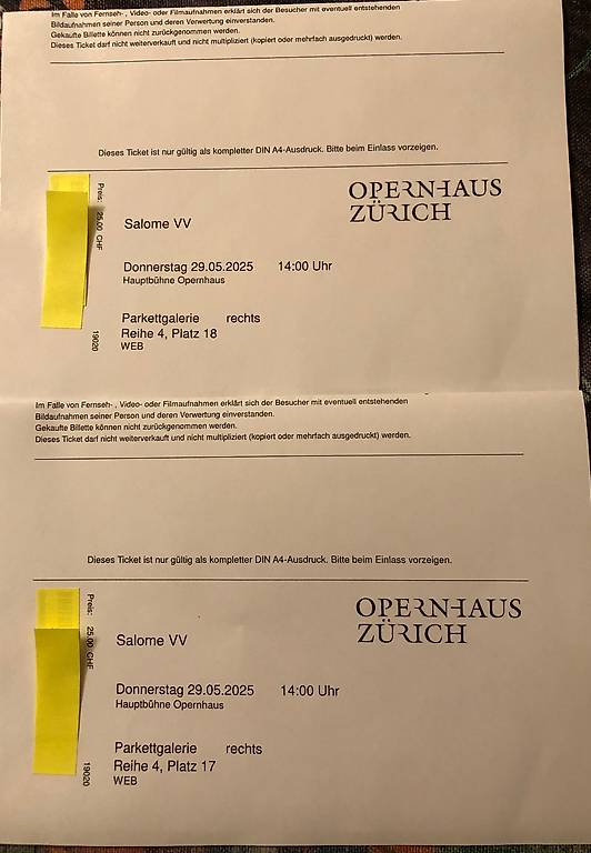 2 Tickets Opernhaus Zürich-Salome, Auffahrt- 29.5.25, 14:00h