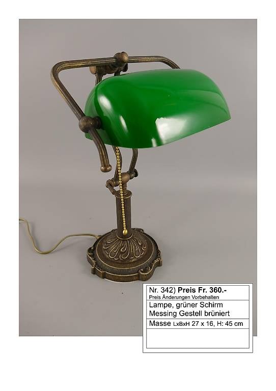 Anwalt Lampe grün Schirm Messing Gestell brüniert antik Look