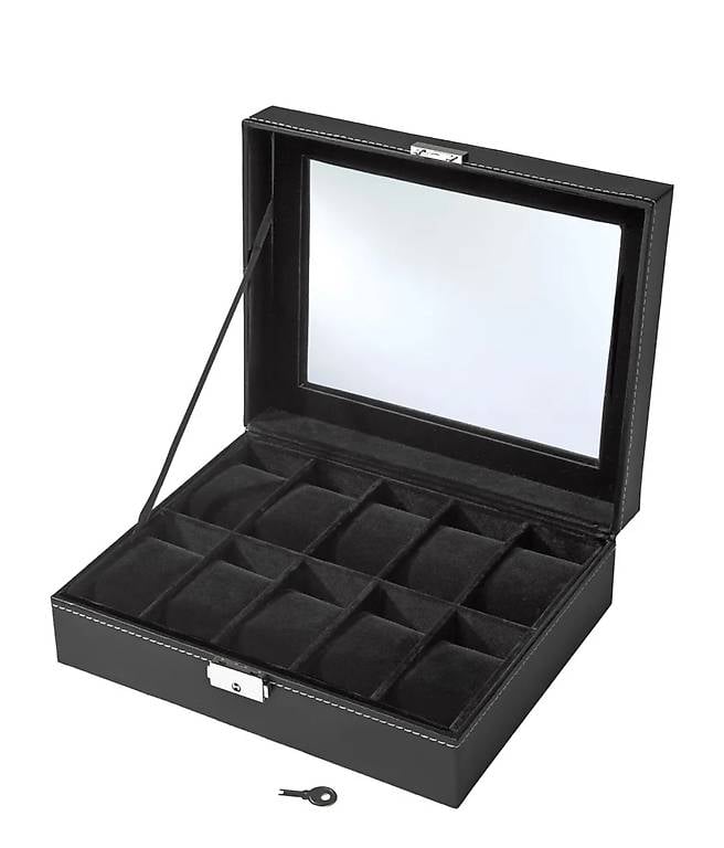 Uhrenbox schwarz mit 10 Fächern und grossem Sichtfenster
