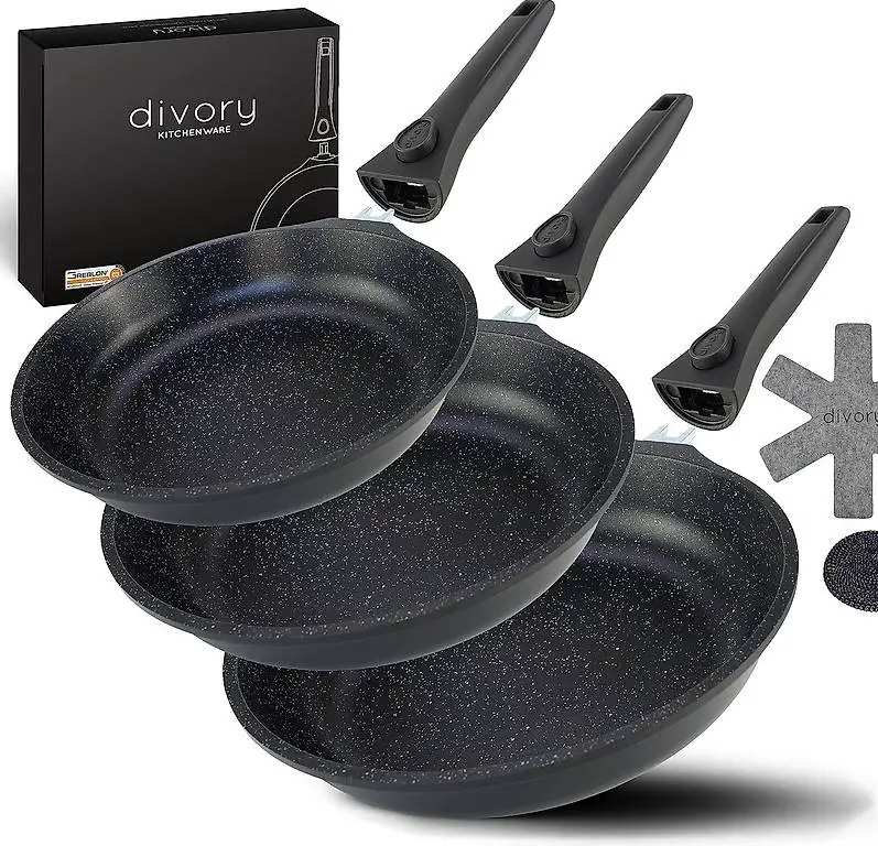 DIVORY Pfannenset 20, 24, 28 cm abnehmbarer Griff, Antihaft