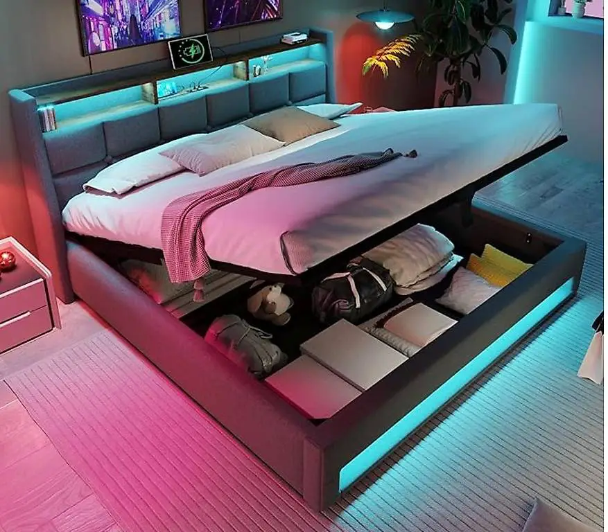 Polsterbett 140x200 cm, Doppelbett mit Stauraum und Lattenro