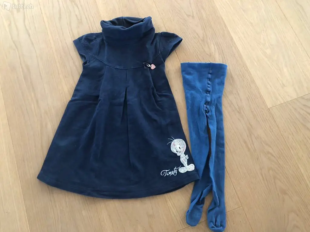Warmes blaues Tweety Kleid, Strumpfhosen Gr: 92/98, 2 Jahre