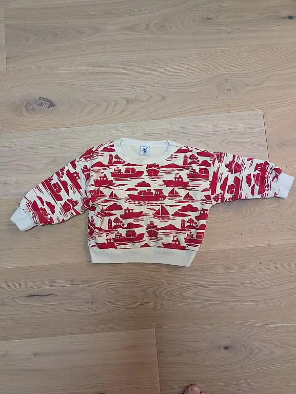 Petit Bateau Pulli Gr. 95 - Rot-Weiss mit Schiffen/Booten