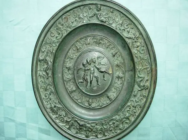  Schöner Bronze Teller mit Puten Motiv